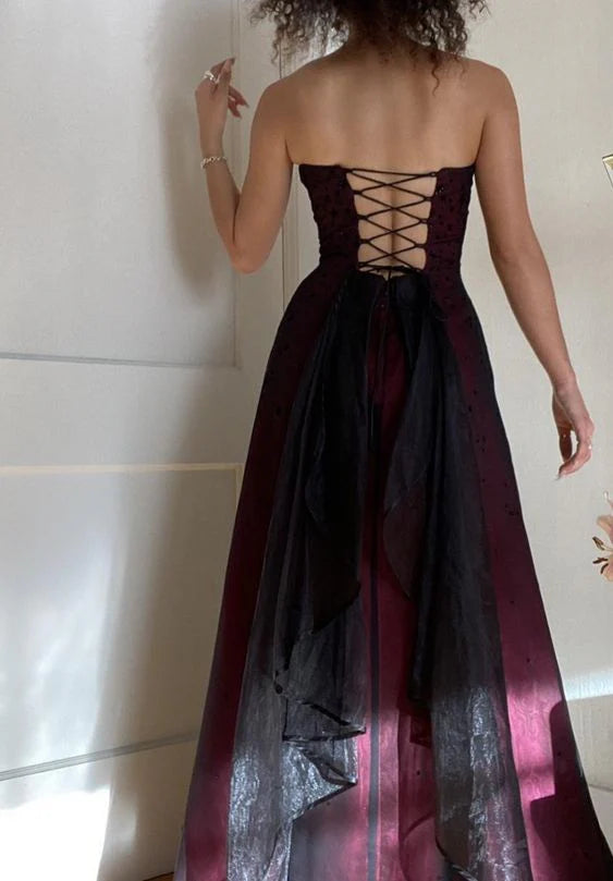 Modest A Line Strapless Burgundy Tulle Beads Long Party Dress Prom Dresses P2342