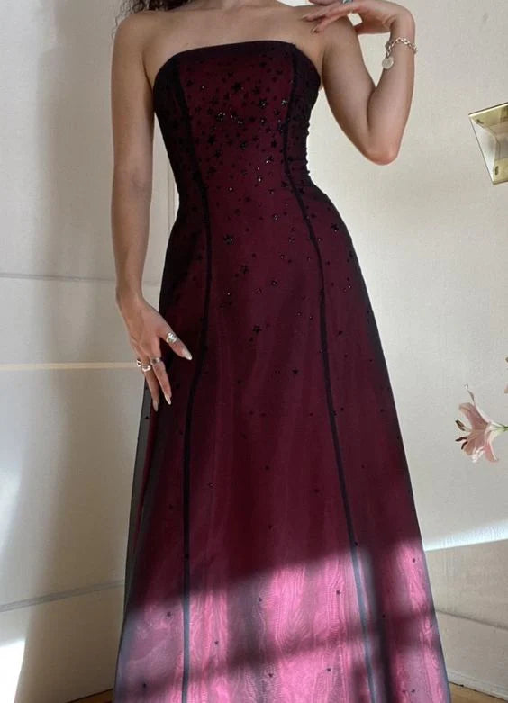 Modest A Line Strapless Burgundy Tulle Beads Long Party Dress Prom Dresses P2342