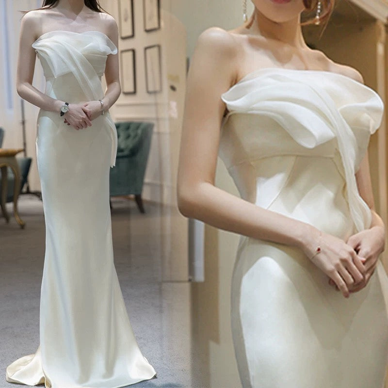 Vintage Mermaid Long Strapless White Wedding Dresses P2400