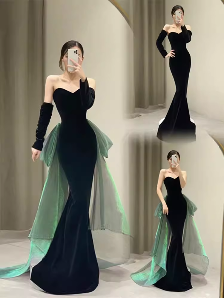 Sexy Mermaid Long Black Velvet Prom Dresses With Sleeves Long Prom Gown P474