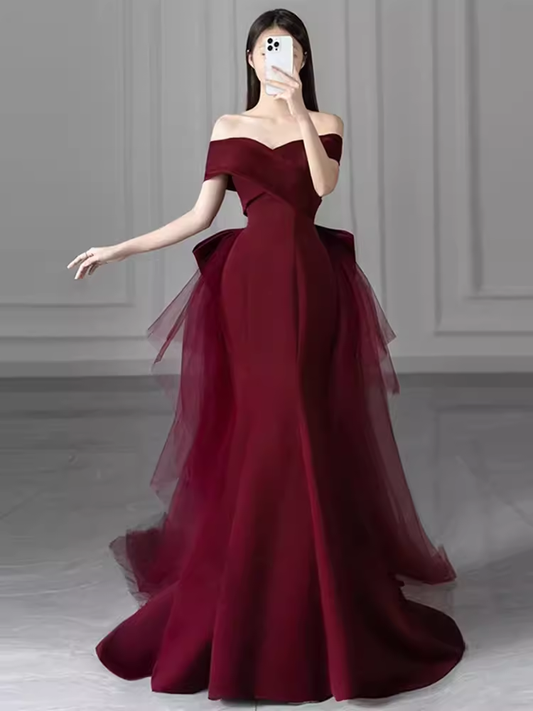 Mermaid Off Shoulder Evening Dress with Bow Burgundy Prom Dress P608