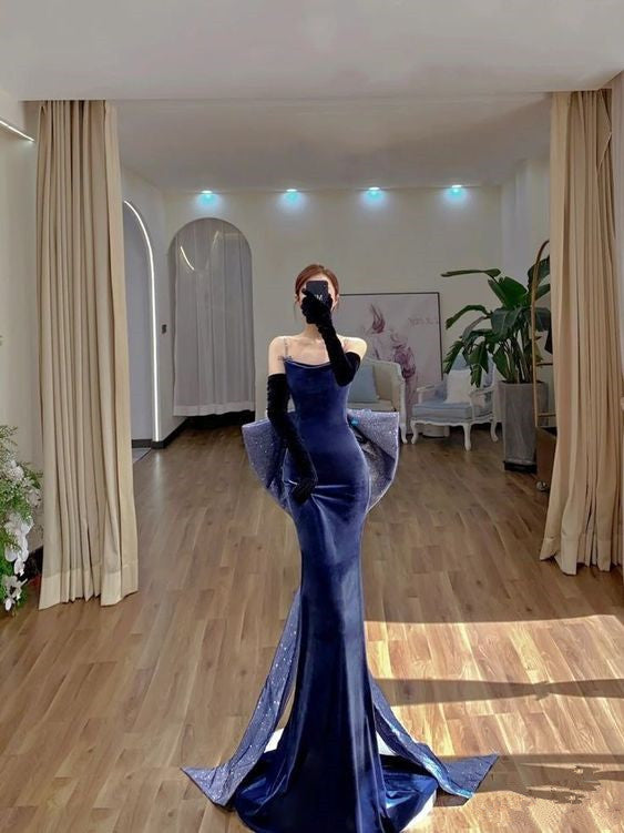 Unique Mermaid Navy Blue Velvet Long Prom Dress P578