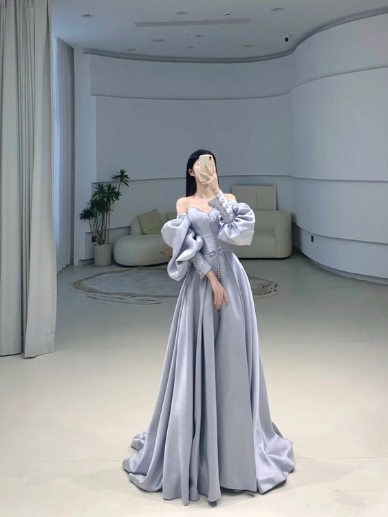 Unique Mermaid Off The Shoulder Gray Blue Long Sleeves Prom Dress P582