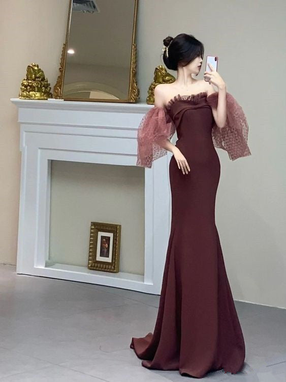 Unique Mermaid Off The Shoulder Tulle Long Burgundy Prom Dress With Sleeves P586