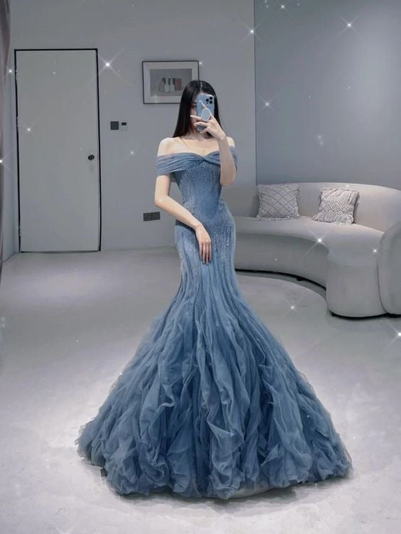 Unique Mermaid Off The Shoulder Tulle Long Gray Blue Prom Dress P587