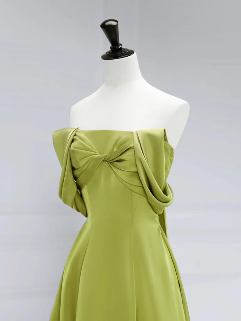 A-Line Off Shoulder Satin Green Long Prom Dress P588