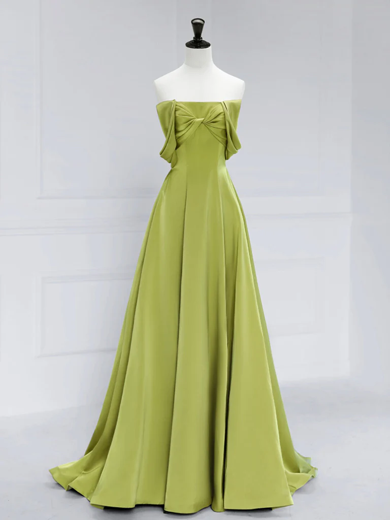 A-Line Off Shoulder Satin Green Long Prom Dress P588