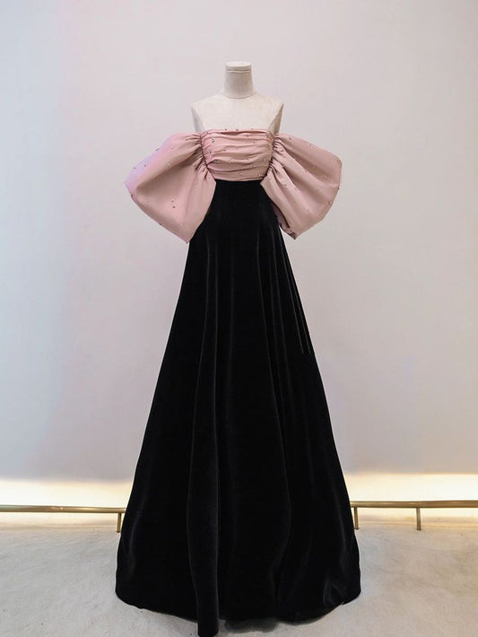 Black/pink velvet long prom dress long formal dressP597