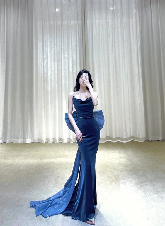 Modest Mermaid Velvet Navy Blue Long Prom Dress With Bow P600