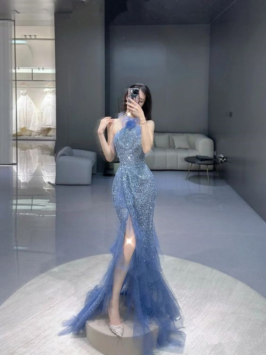 Modest Mermaid Sequin Blue Long Prom Dress With Slit P601