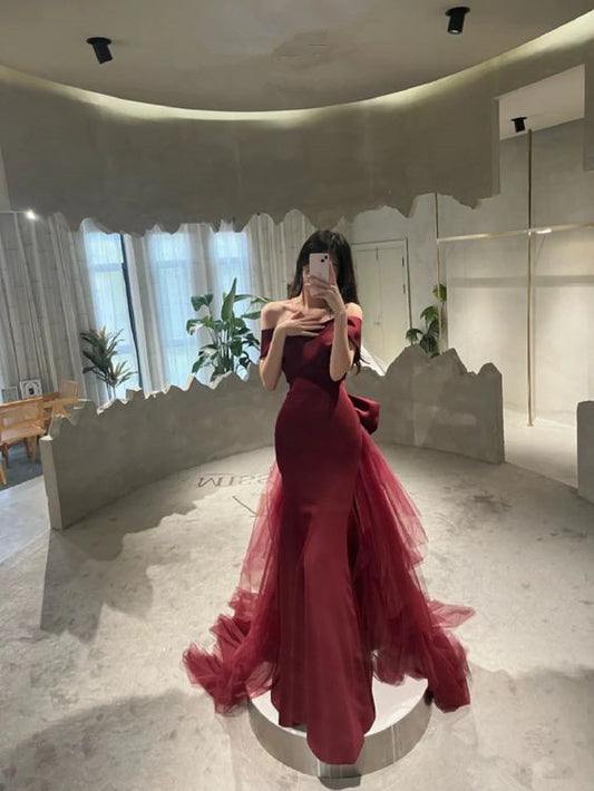 Mermaid Off Shoulder Evening Dress with Bow Burgundy Prom Dress P608