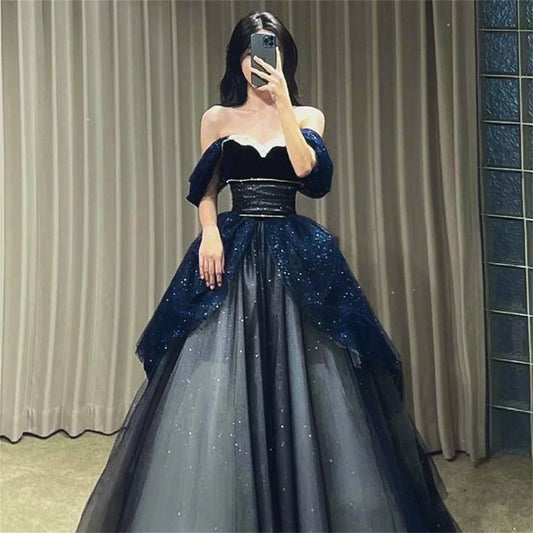 Gothic Glitter Blue Princess Tulle Prom Dress Blue Long Evening Dress P612