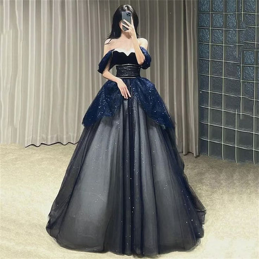 Gothic Glitter Blue Princess Tulle Prom Dress Blue Long Evening Dress P612