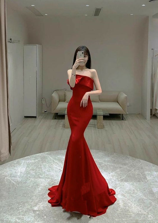 Simple Mermaid Red Prom Dress Satin Long Evening Dress P614