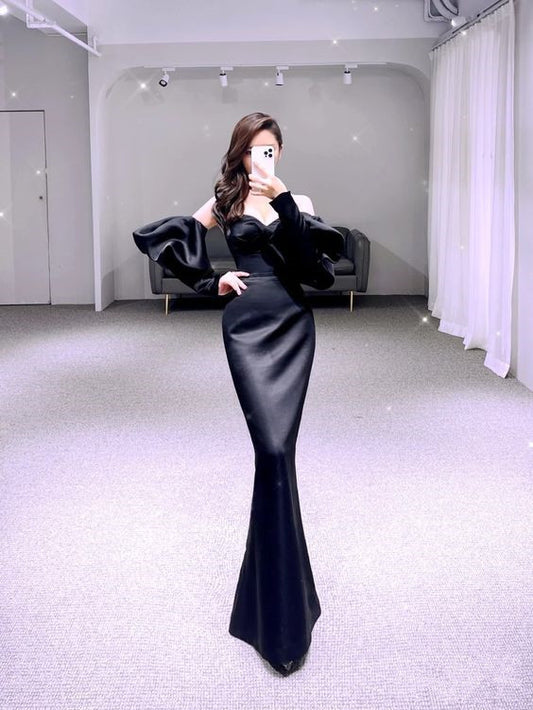 Simple Mermaid Black Prom Dress Satin Long Evening Dress P615