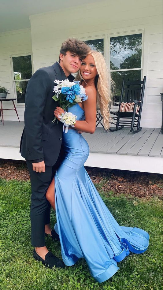 Sexy Mermaid Blue Slit Evening Prom Dress Birthday Outfits P645