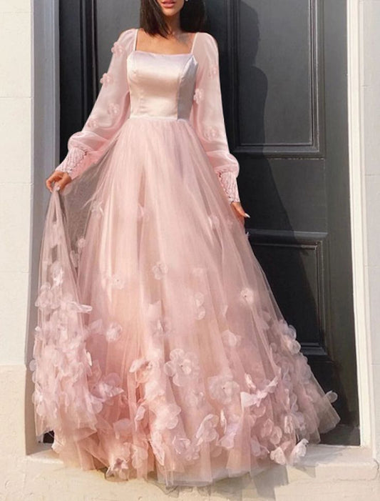 A-Line Prom Dresses Maxi Dress Floor Length Long Sleeves Tulle with Appliques 22th Birthday Outfits P649