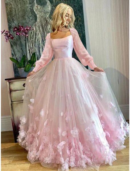 A-Line Prom Dresses Maxi Dress Floor Length Long Sleeves Tulle with Appliques 22th Birthday Outfits P649