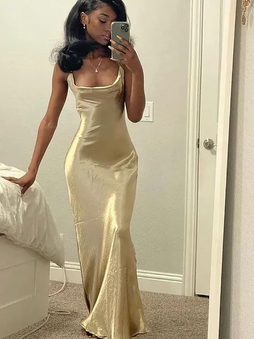 Elegant Mermaid Straps Gold Maxi Dress 21th Birthday Outfits P659