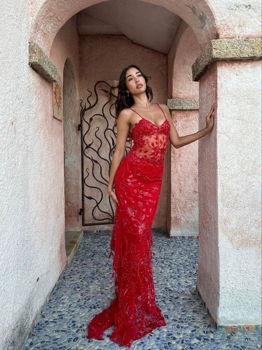 Beautiful Spaghetti Straps Birthday Party Dresses Red Lace Prom Dresses P691