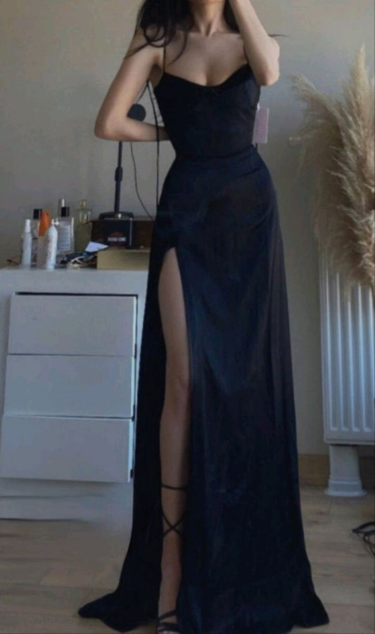 Simple A line Straps Party Dresses Black Long Slit Prom Dresses P721