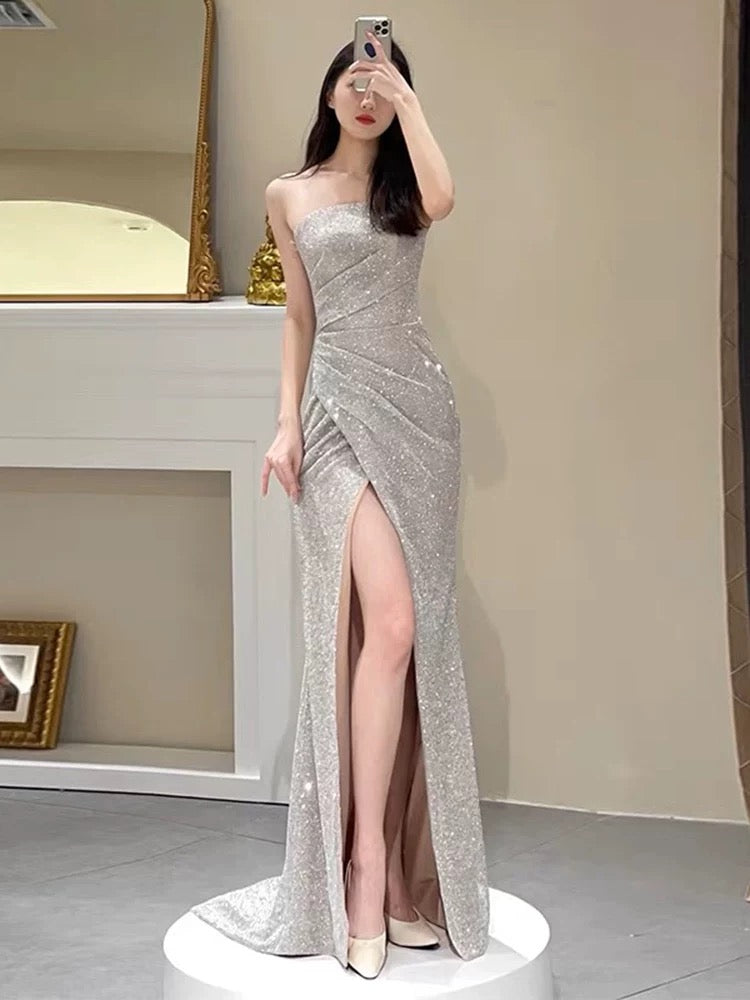 Simple Mermaid Sequin Party Dresses Long Slit Prom Dresses P722