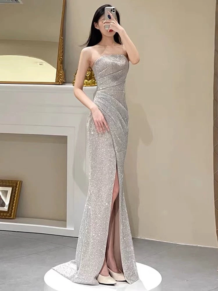 Simple Mermaid Sequin Party Dresses Long Slit Prom Dresses P722