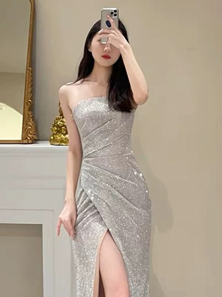 Simple Mermaid Sequin Party Dresses Long Slit Prom Dresses P722