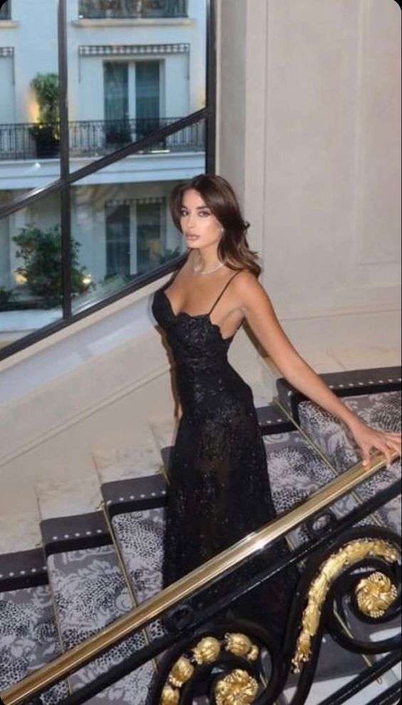Sexy Mermaid Straps Black Lace Prom Dress 22th Birthday Outfits P756