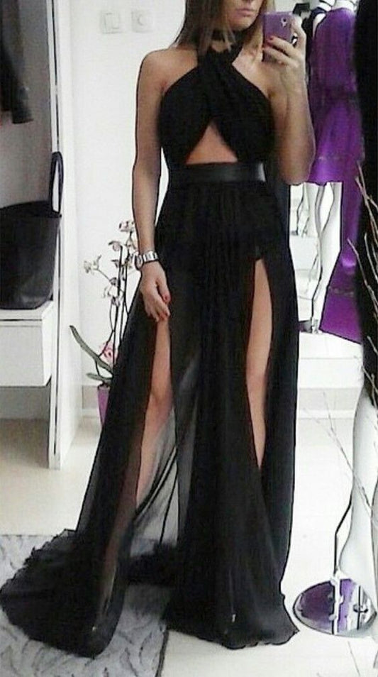 Sexy Halter Black Chiffon Birthday Dress 22th Birthday Outfits P813