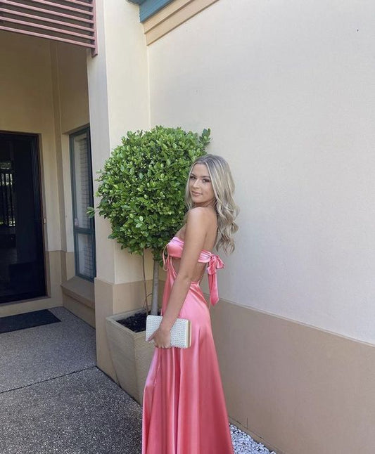 A line Pink Backless Evening Party Dress Long Pink Prom Dress P824