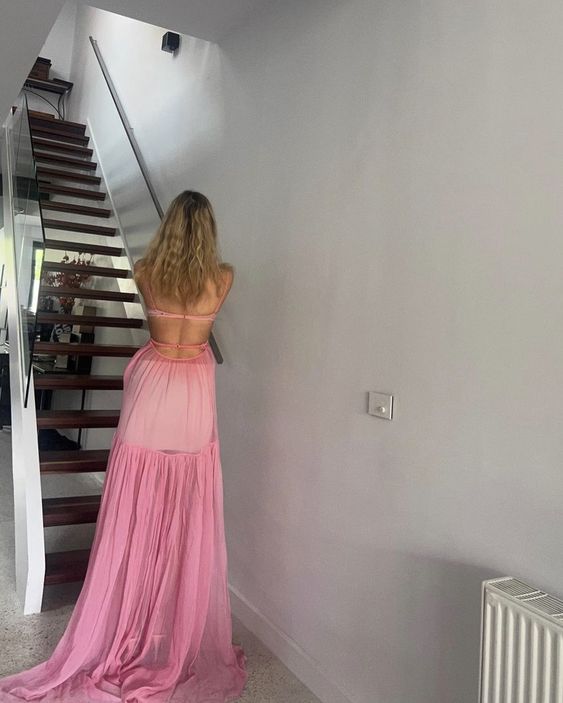 A line Pink Backless Evening Party Dress Long Pink Prom Dress P825