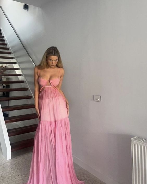 A line Pink Backless Evening Party Dress Long Pink Prom Dress P825