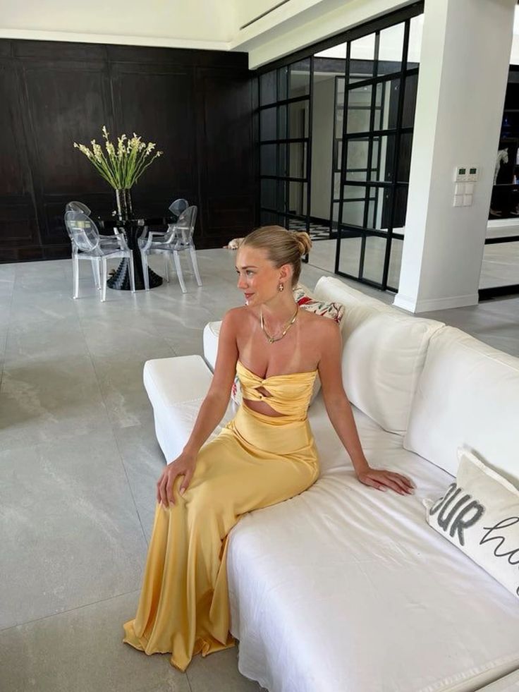 Mermaid Yellow Silk Satin Evening Party Dress Long Prom Dress P826