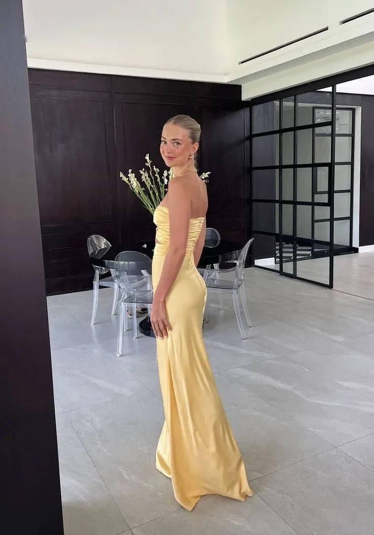 Mermaid Yellow Silk Satin Evening Party Dress Long Prom Dress P826