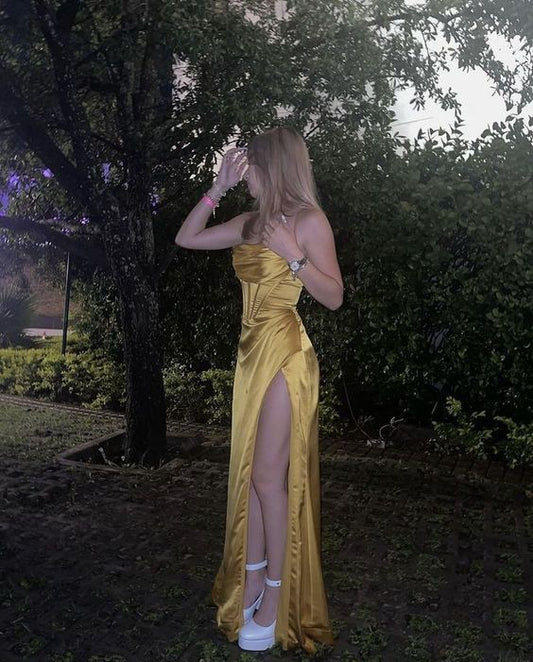 Sexy Mermaid Silk Satin Straps Evening Party Dress Long Yellow Prom Dress P832