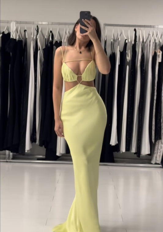 Sexy Mermaid Silk Satin Straps Evening Party Dress Yellow Prom Dress P834