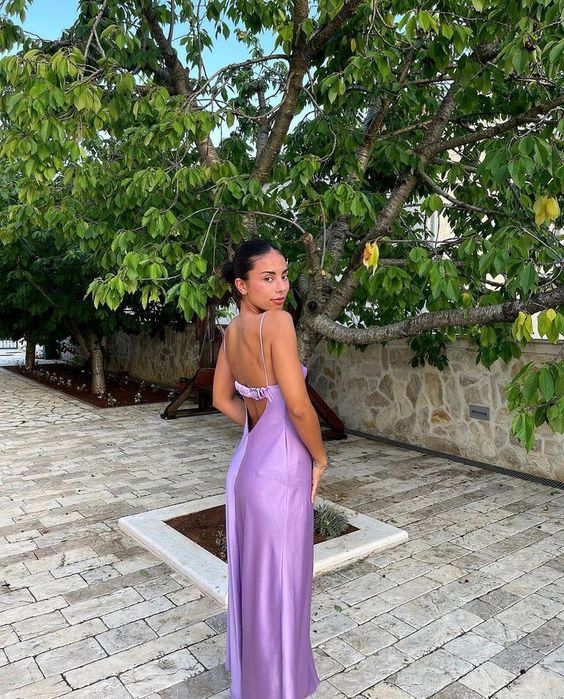A line Straps Backless Party Dress Long Lilac Prom Dress P839