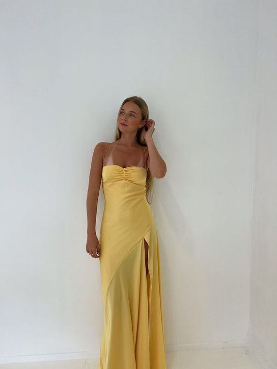 Sexy Mermaid Spaghetti Straps Sleeveless Party Dress Yellow Prom Dress ...