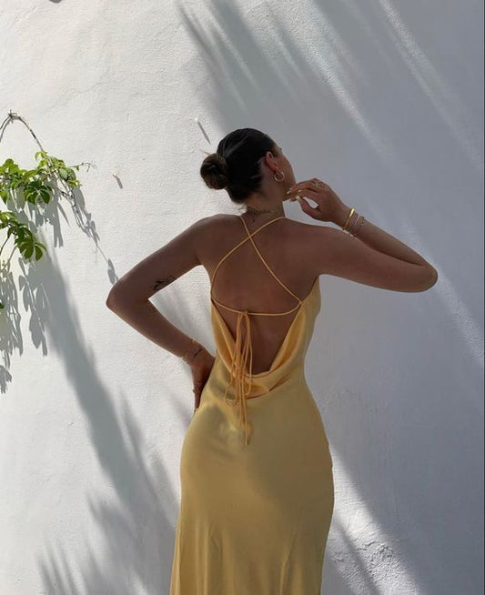 Sexy Mermaid Spaghetti Straps Yellow Party Dress Backless Prom Dress P848