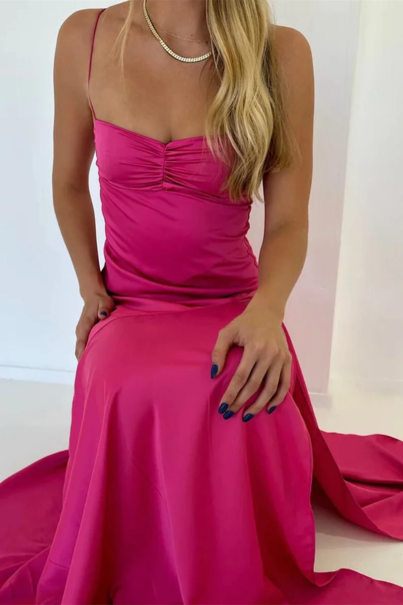 Sexy A line Straps Sleeveless Party Dress Hot Pink Side Slit Prom Dress P856