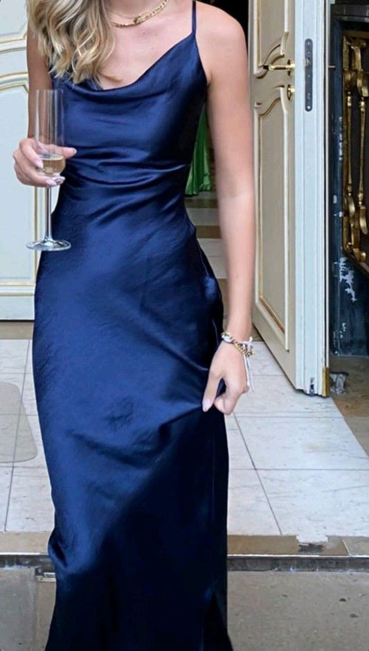 Sexy Sheath Sleeveless Party Dress Navy Blue Silk Satin Prom Dress P857