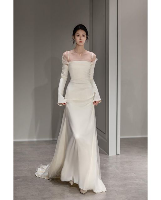 Mermaid Plain Spliced Off shoulder Satin Elegant Long Sleeve Wedding Dress P897