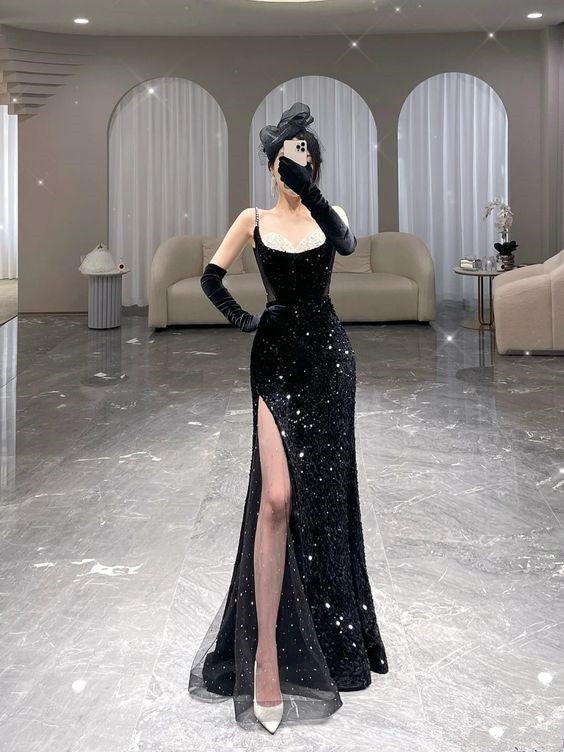 Mermaid Long Prom Dress New Arrival Sexy Black Slit Evening Dress P916