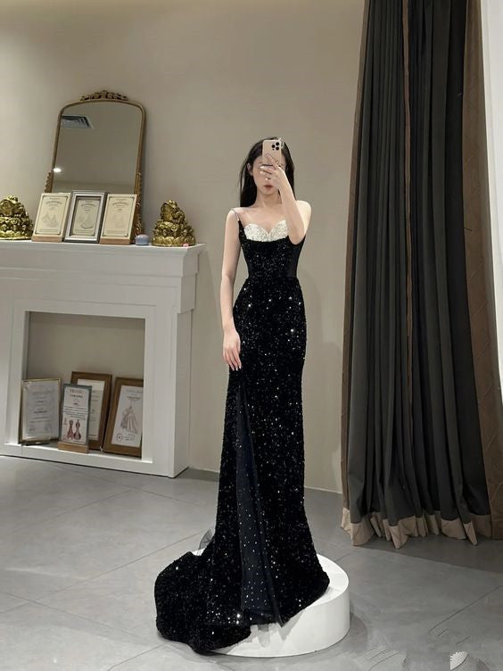 Mermaid Long Prom Dress New Sequin Black Slit Evening Dress P919