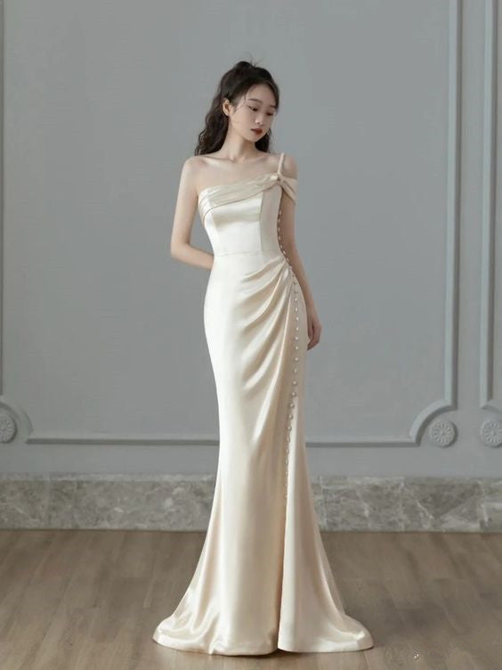 Vintage Mermaid One Shoulder Sleeveless Satin Wedding Dresses P930