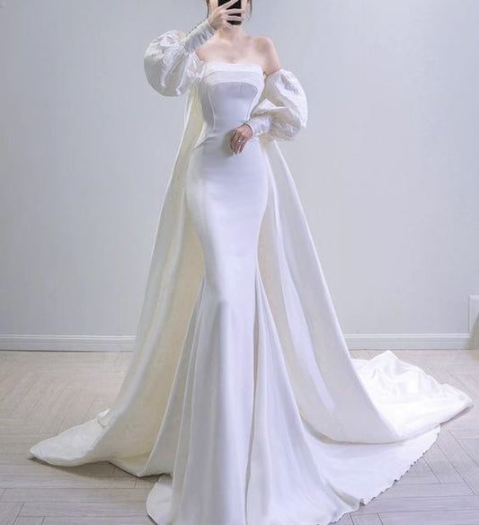 Vintage Mermaid Strapless Long Sleeves White Satin Wedding Dresses P935