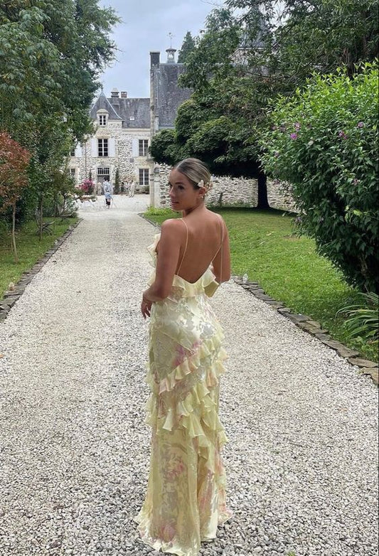 Mermaid Floor Length Yellow Prom Dress With Ruffles 22th Birthday Outfit P1388