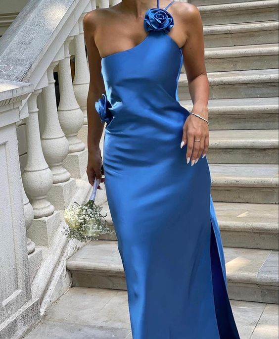 Sexy A line Backless Royal Blue Satin Prom Dresses P998