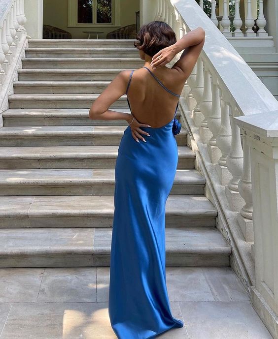 Sexy A line Backless Royal Blue Satin Prom Dresses P998